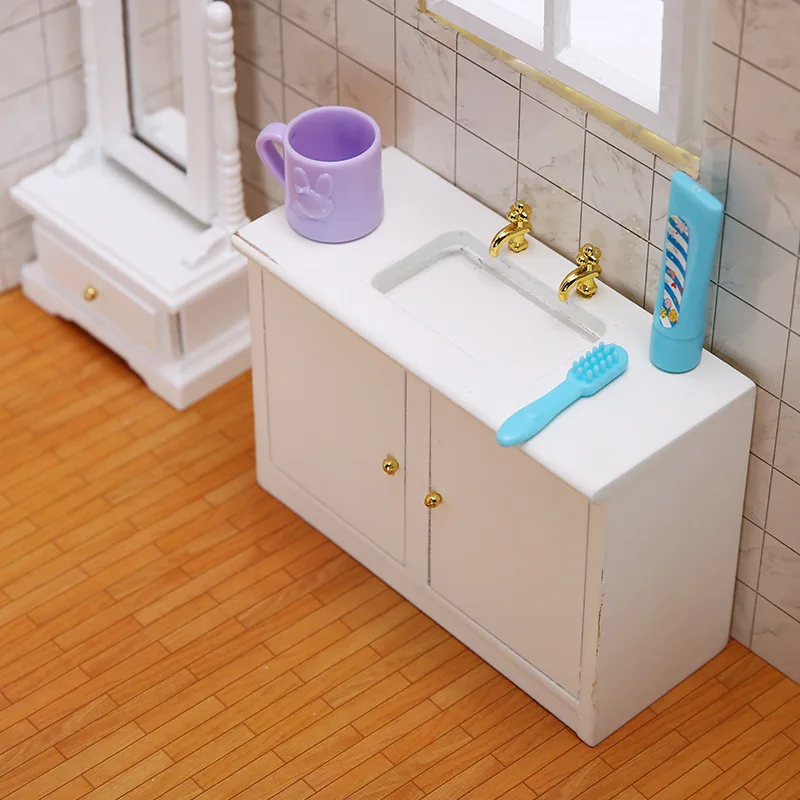 White 1:12 Scale Dollhouse Kitchen Sink Miniature Wood Dolls House Miniature Accessories Cabinet Furniture