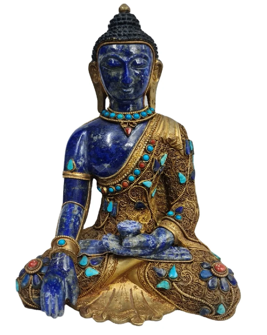 Handcrafted Lapis Lazuli Buddha Statue Sculpture Indian Antiqued Brass Gold Filigree Home Decor Handmade Metal Print Craft