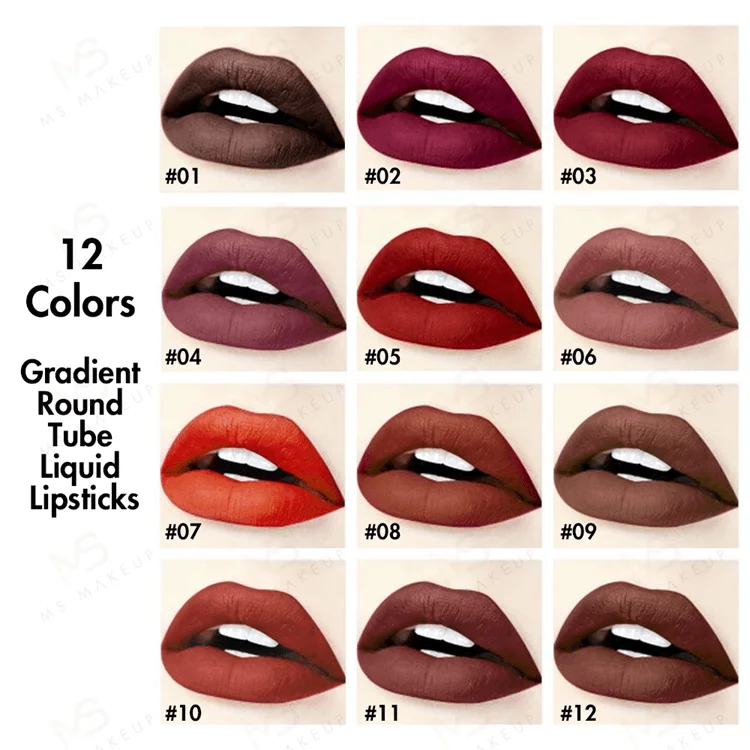 Low Moq Oem 12 Colors Gradient Round Tube Long Lasting Customized Logo Vegan Nude Liquid Private Label Matte Lip Stick Lipsticks