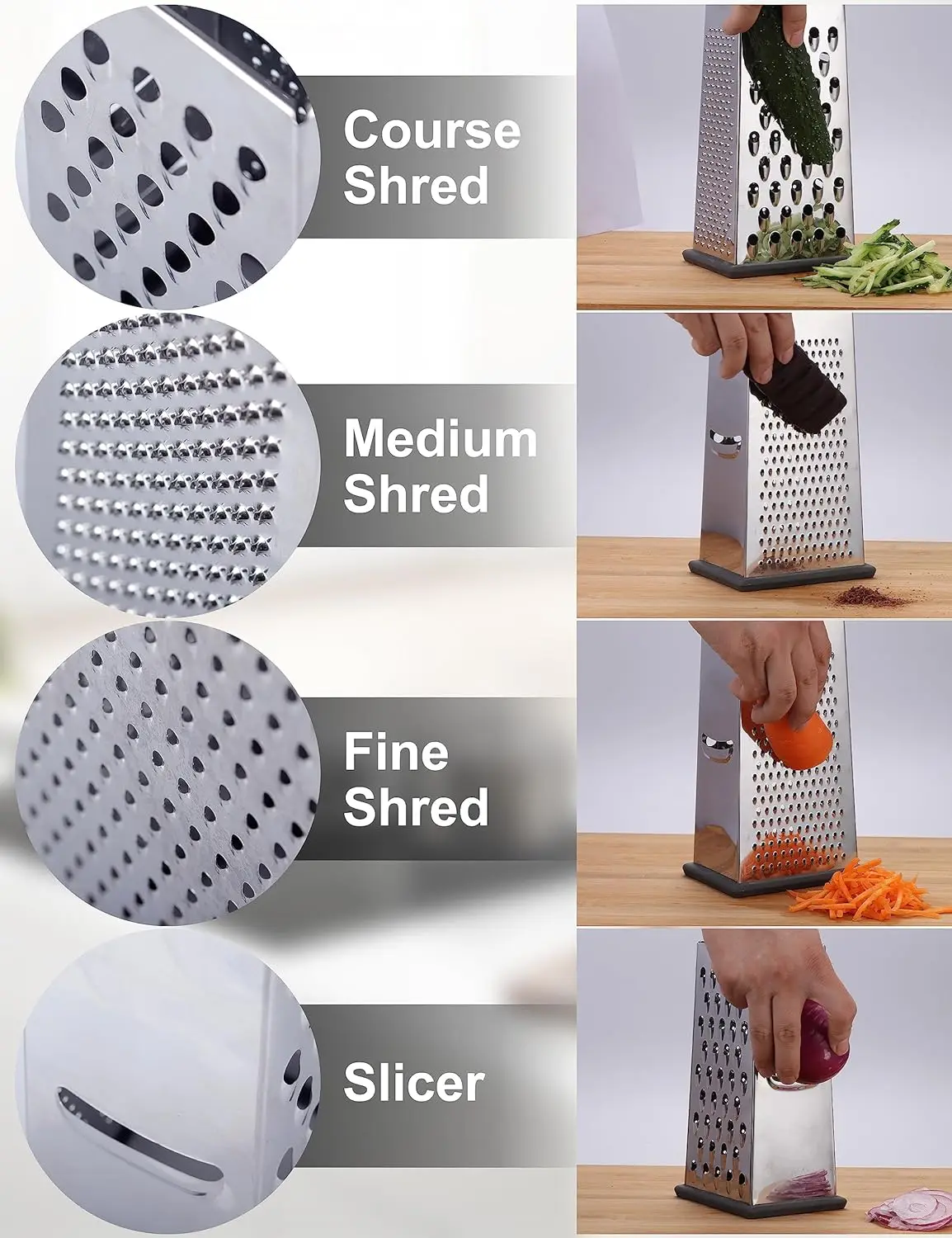 Box Grater 4-sided Cheese Grater for kitchen Stainless Steel Vegetable Grater