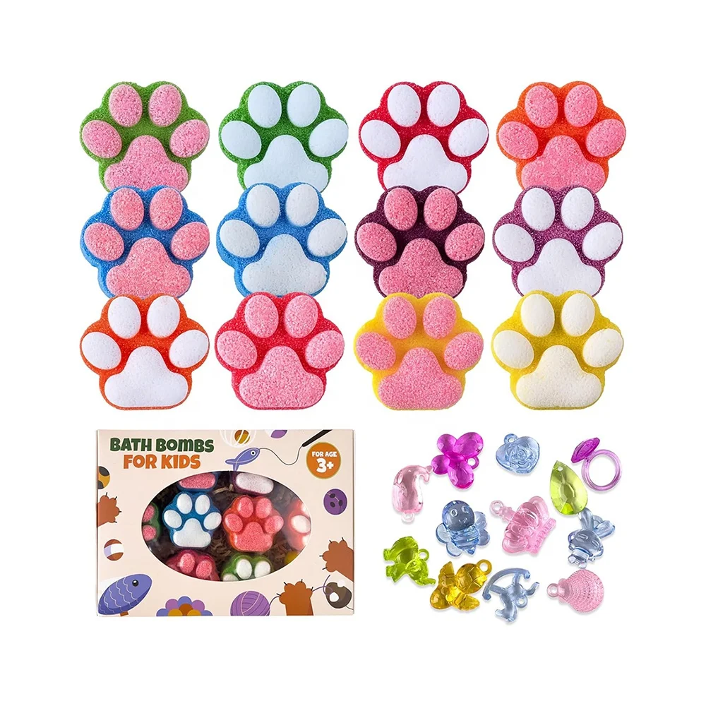 12 Pcs Colorful Handmade Natural Bath Ball Paw Bath Bomb for Kids with Surprise Toys Inside