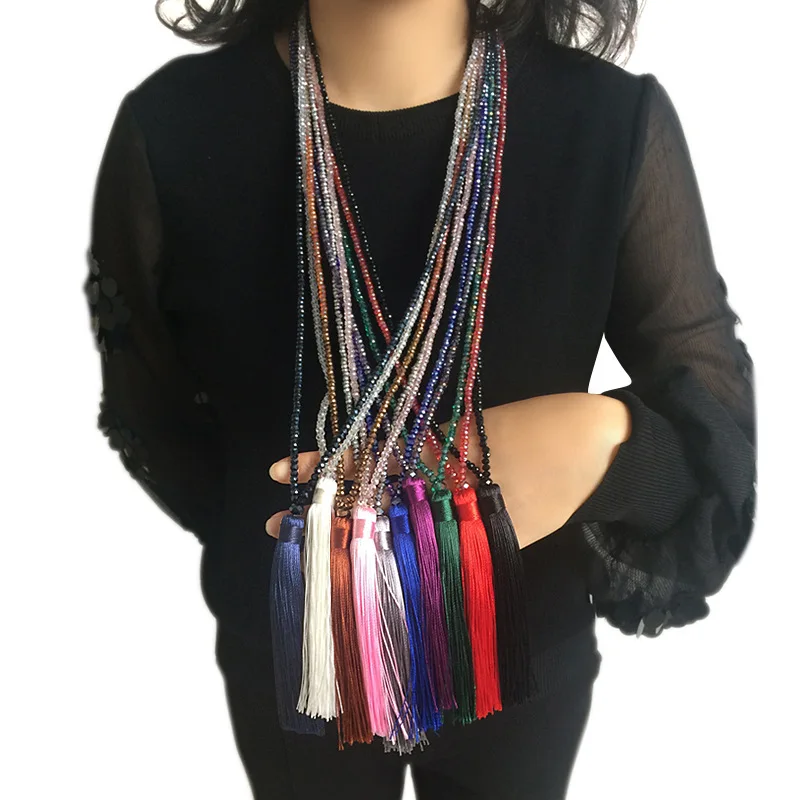 colorful velvet thread pendant crystal beaded necklace sweater chain pendant rhinestones choker women tassel long necklace