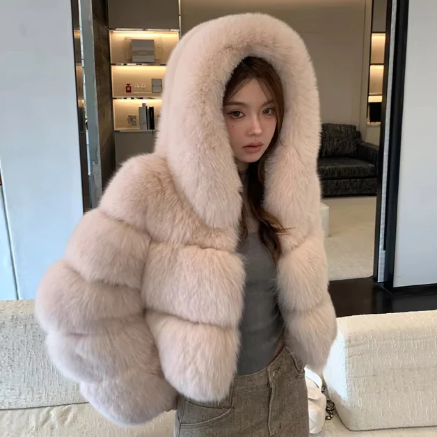 Fashion Design High Quality Fur Jacket Ladies Winter Warm Fox Fur Jacket Hooded Furry Jacket Women