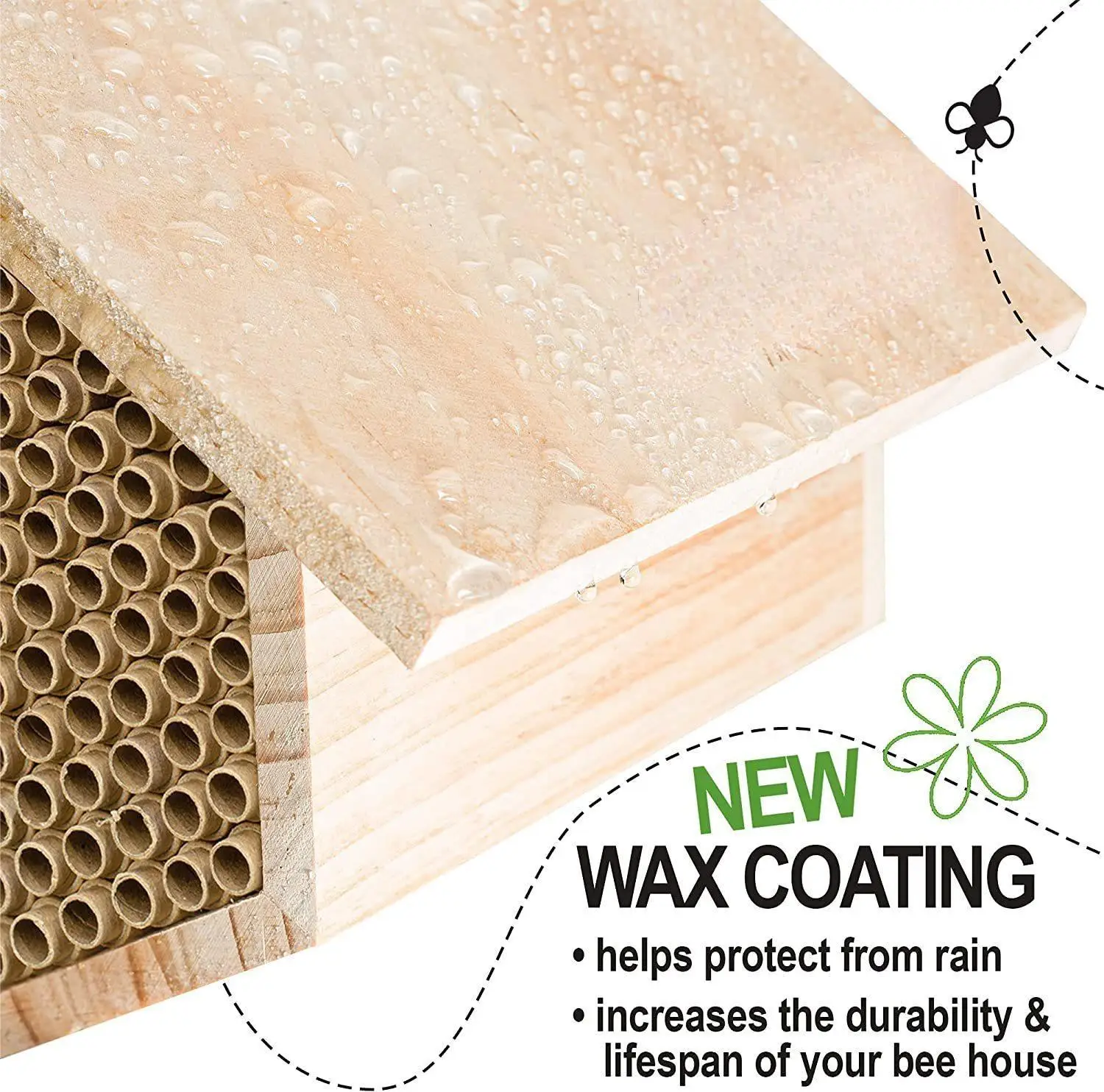 The new fillable Mason Bee House Hotel sustainably uses pine wood for nesting and paper-padded wood honeycomb