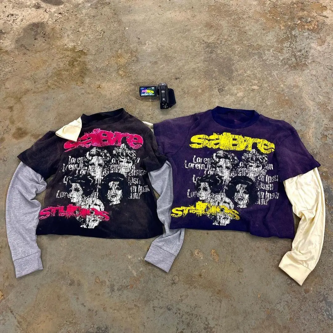 Custom Crew Neck Dtg 100% Cotton Long Sleeve T-shirt Two Piece Screen Print waffle Double Layered Long Sleeve T-shirt