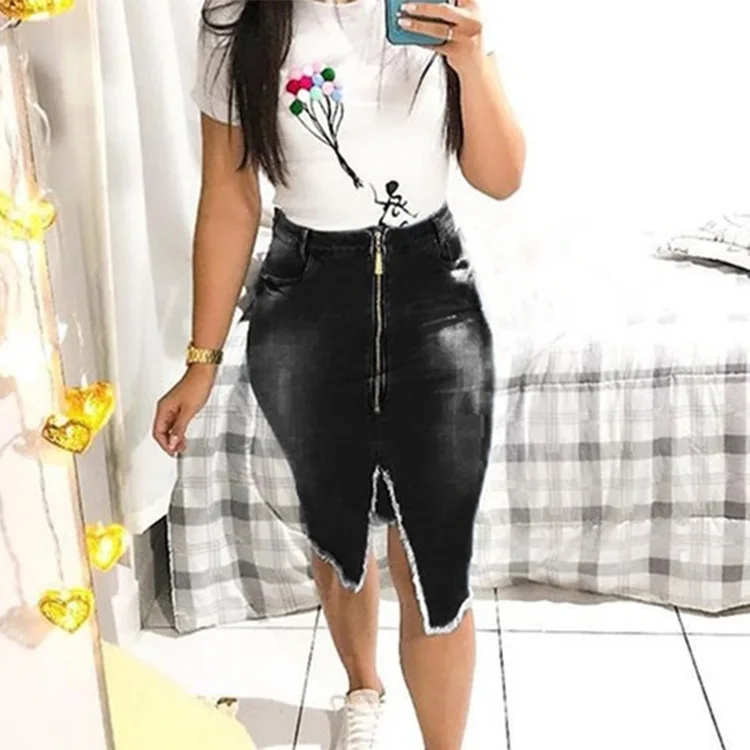 KNY6003  2019 women acid wash skinny long blue ladies jeans skirts