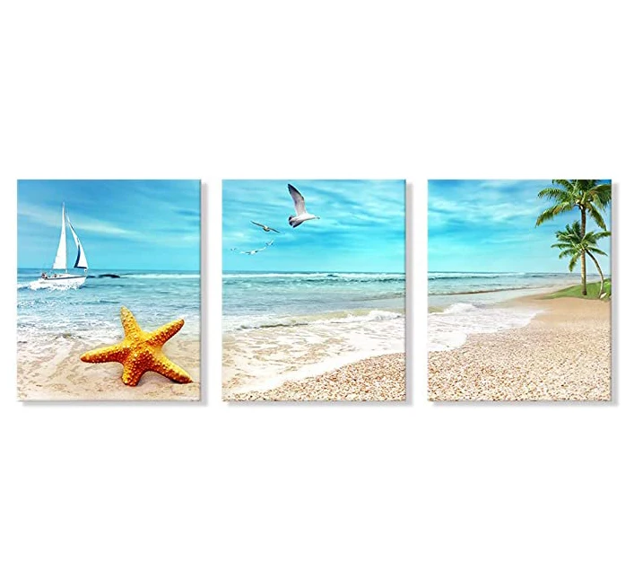 3 Panel Goldfoilart Starfish Blue Sea Beach stretched Canvas Prints Seascape Canvas Wall Art