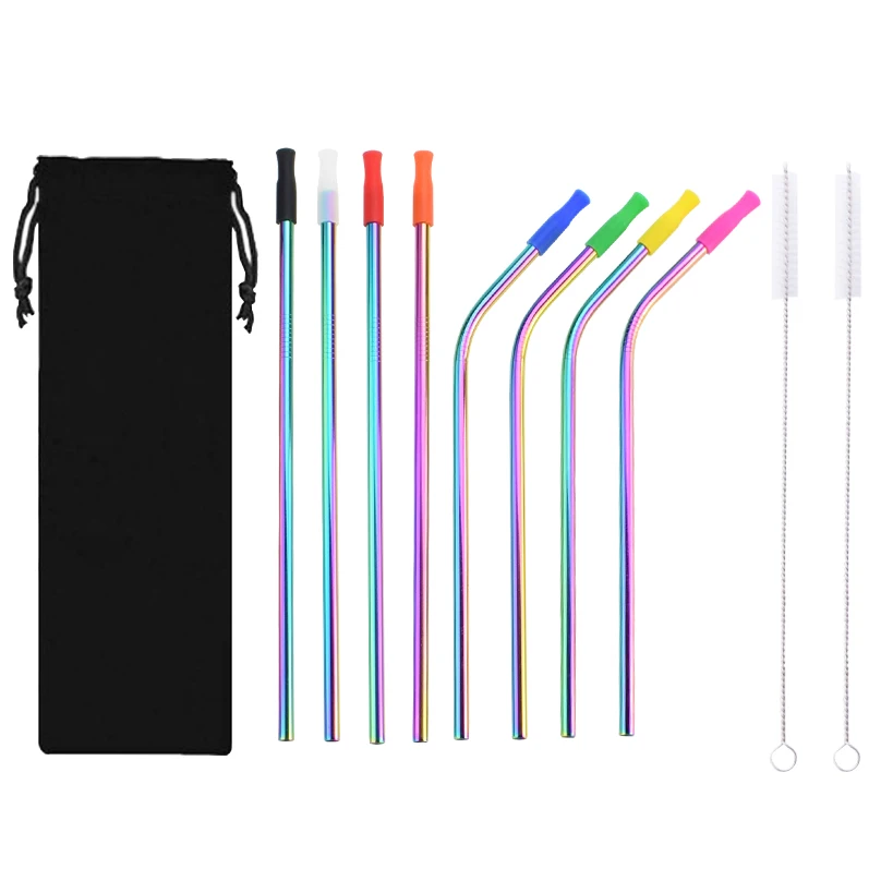 
Wholesale High Quality Custom Logo Reusable 8 piece 304 Stainless Steel Metal drinking Straws Set With Brush And Pouch 
