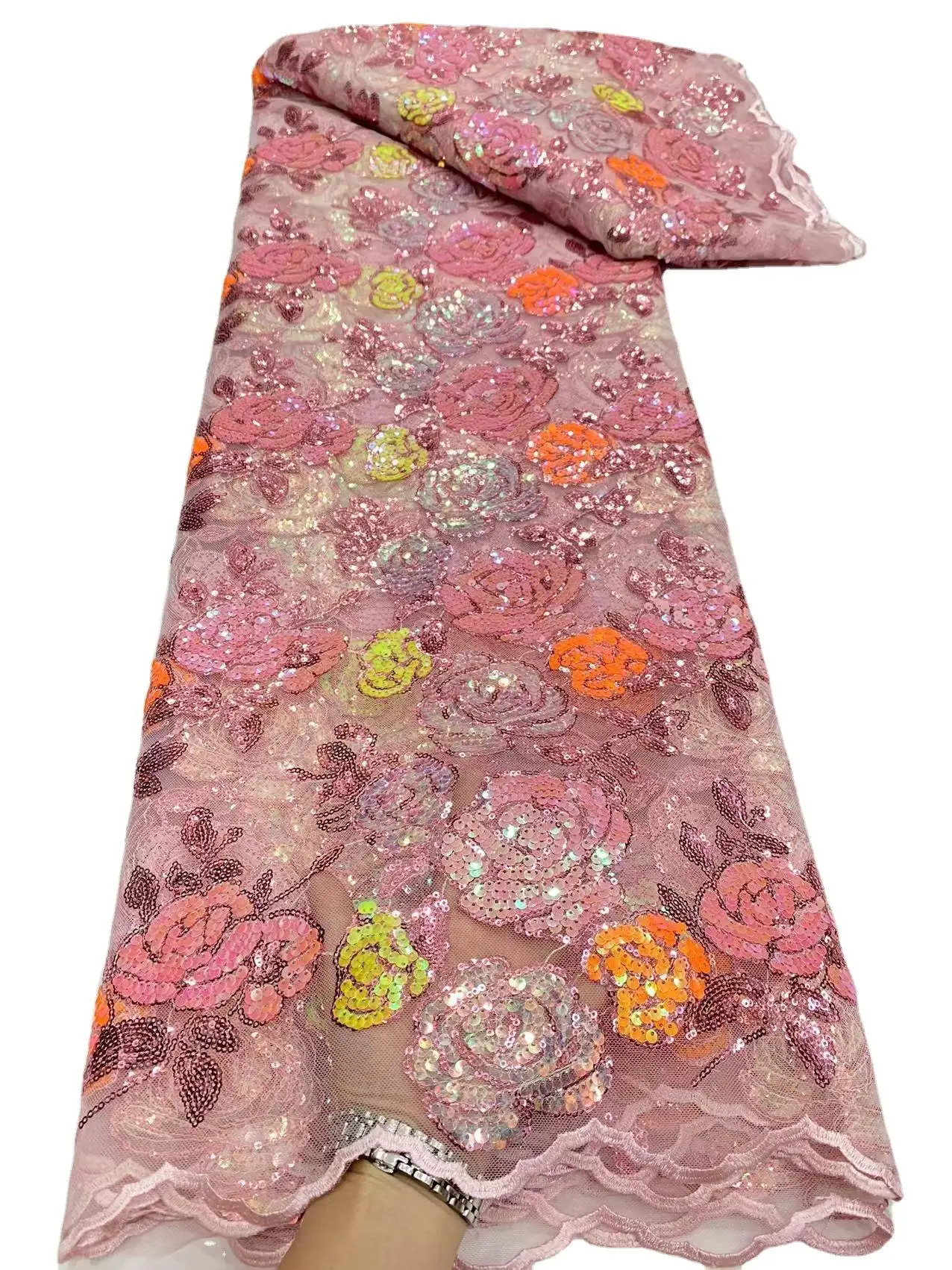 New Product Wholesale African sequin rose flower beads embroidered gauze lace fabric for dress