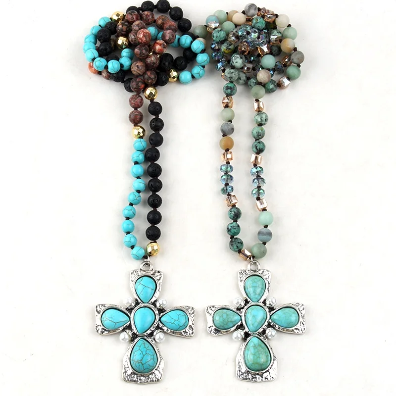 Religious Jewelry Turquoise Natural Stone Crystal Glass Necklace Alloy Stone Cross Pendant Necklace Western Jewelry
