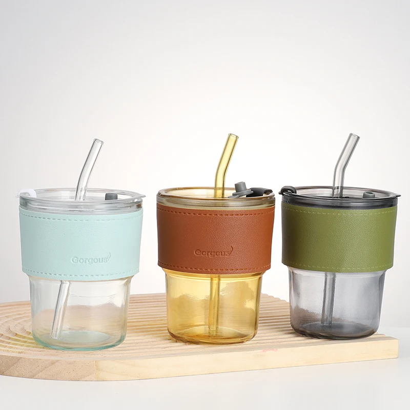 Factory price 15 oz clear glass cup with lid and straw Thick-walled glass mug iced coffee mug with leather cover coffee mug