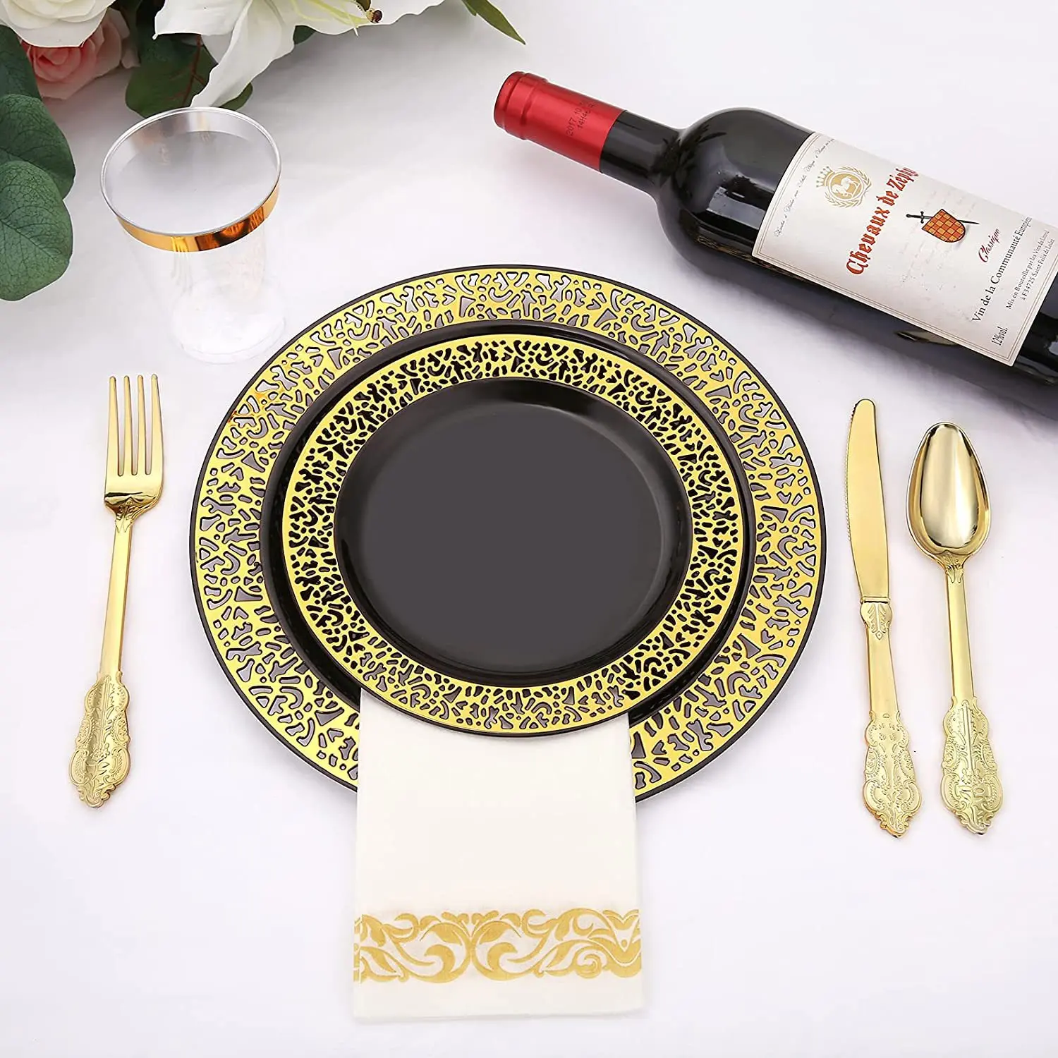 Disposable Black Dinner Plate Cutlery Set Knife Fork Spoon 7.5 inch 10.25 Party Hotel Wedding