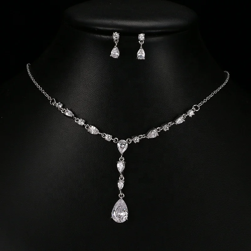 Elegant Women Wedding Jewellery Silver Plated Clear CZ Crystal Water Drop Diamond Bridal Necklace Earrings Jewelry Sets