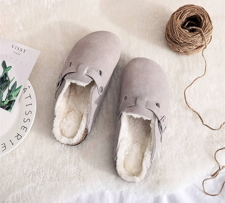 Winter Indoor Outdoor Warm Plush Lined Slip-on Closed-toe Shoes Slippers Faux Fur Lining Cork Clogs