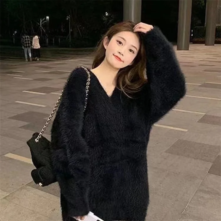 Hot Sale Winter Mink like Sweaters Women Plus Size Pullover V neck  loose size Sweater mohair sweater