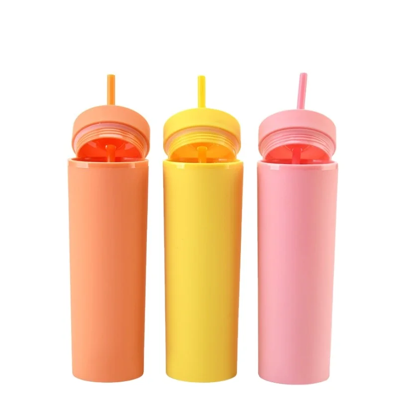 16oz Colorful Plastic tumblers double wall insulation coffee mugs curve wine tumbler with straw and