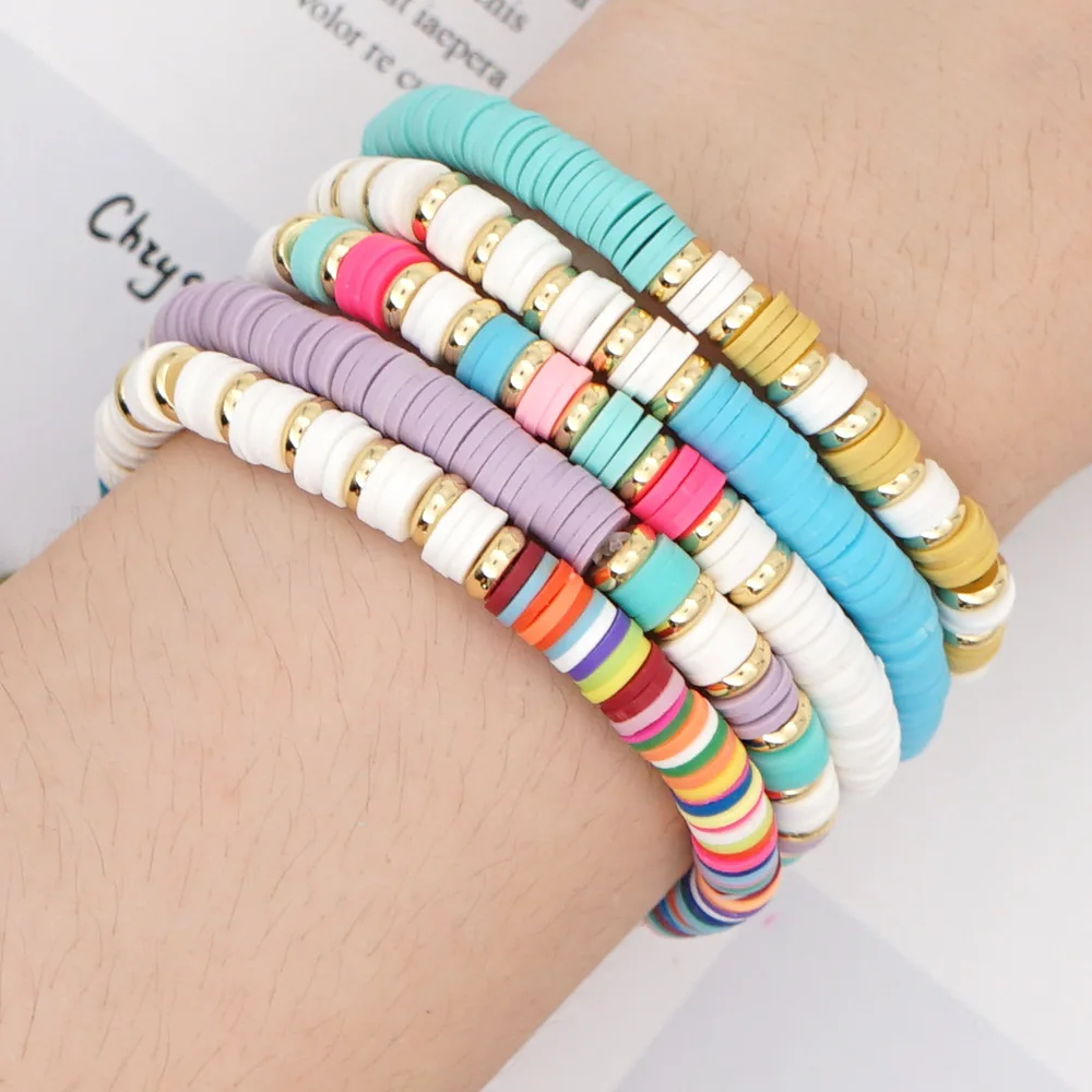New Colorful Sliced Clay Bracelets Handmade Rainbow Polymer Elastic Rope Boho Beaded Bracelet Set Beach Surf Stackable Bangles