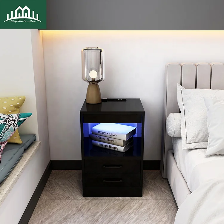 Side Bed Table Smart  Wooden Modern Bedside with  Drawer and Charging  Station  New Night Stand Bedroom Furniture