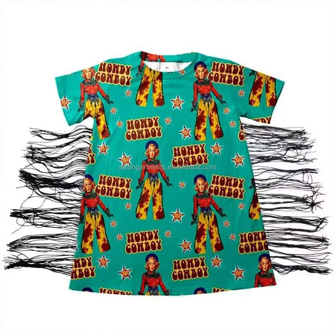 Wholesale Print Baby T Shirt Dress Fashion Girls Dresses with Black Fringe 0-16 Years Old Kids Dress