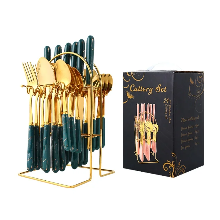 Amazon Cross-border Stainless Steel Western Tableware Set 24-piece Knife Fork Spoon Ceramic Handle