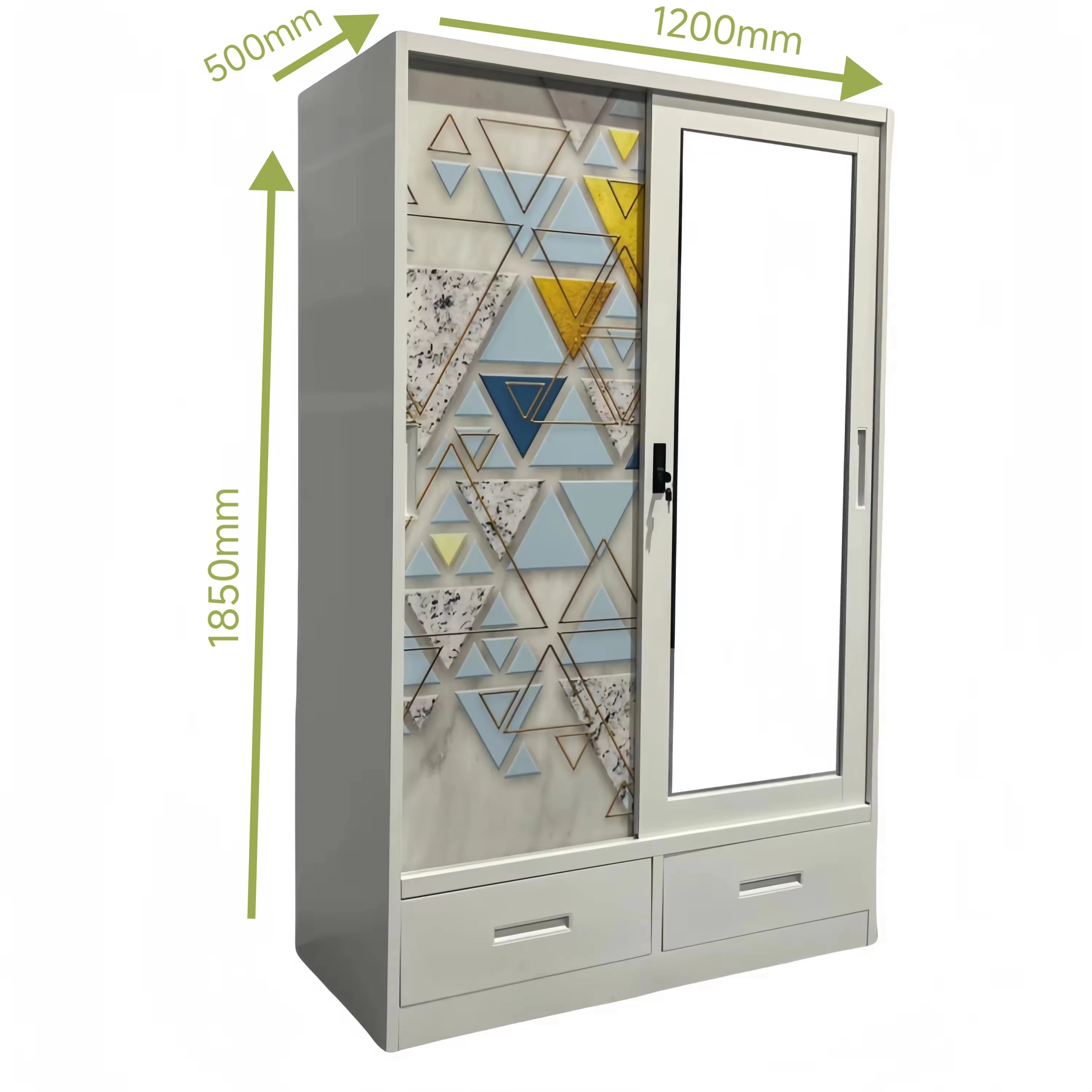 2 Drawer Wardrobe Clothes Organizer Metal Closet Wardrobe Sliding Door Clothes Storage Almirah Cupboard With Mirror