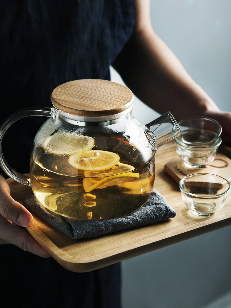 1000 ML Handmade Glass Teapot, Glass Tea Kettle Set with Bamboo Lid