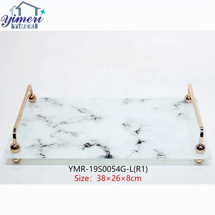 nordic rectangle marble pattern cake food glass serving tray with metal handles