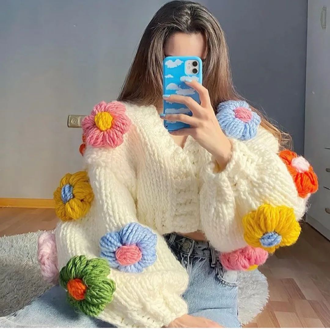 VSCOO ready to ship hand made women long sleeve cardigan flowers crochet v neck  handmade wool sweaters