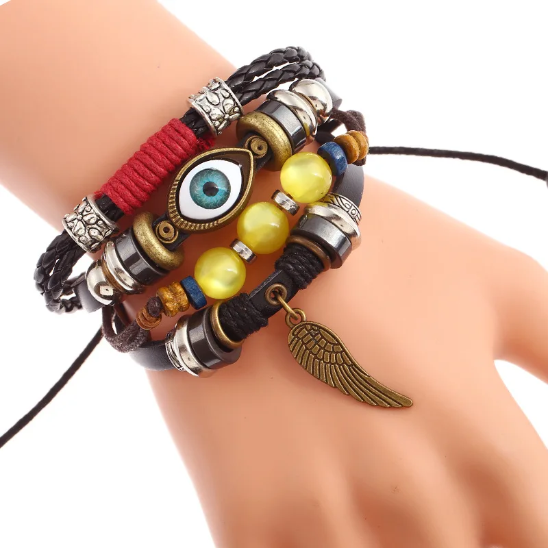 Assorted Vintage Punk Leather Bracelet  Cool Wooden Beads Cross Butterfly Leaf Feather Charm Leather Bracelets Couple Gifts