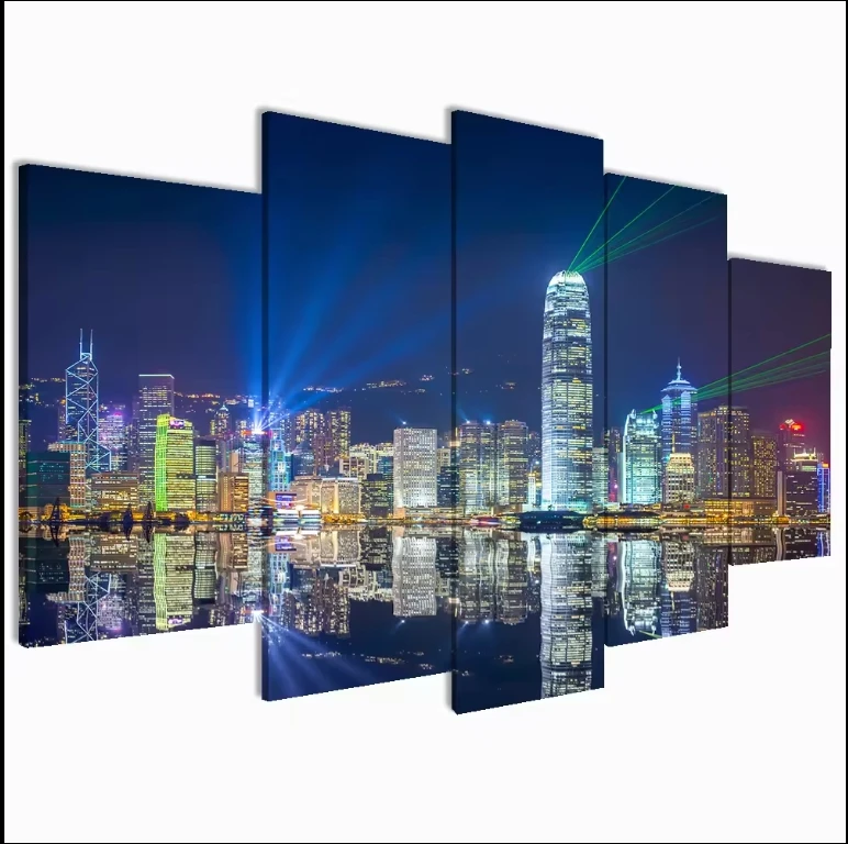 Modern 5PCS Canvas Prints City Night Scenery Framed Art for Living Room Decoration Fabric Inner Frame Easy Hanging Wall Decor