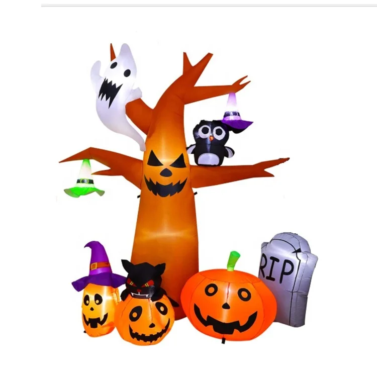 Inflatable Pumpkin Inflatable Ghost Tombstone Owl Dead Tree Halloween Decorations Outdoor Yard Black Cat With LED Light