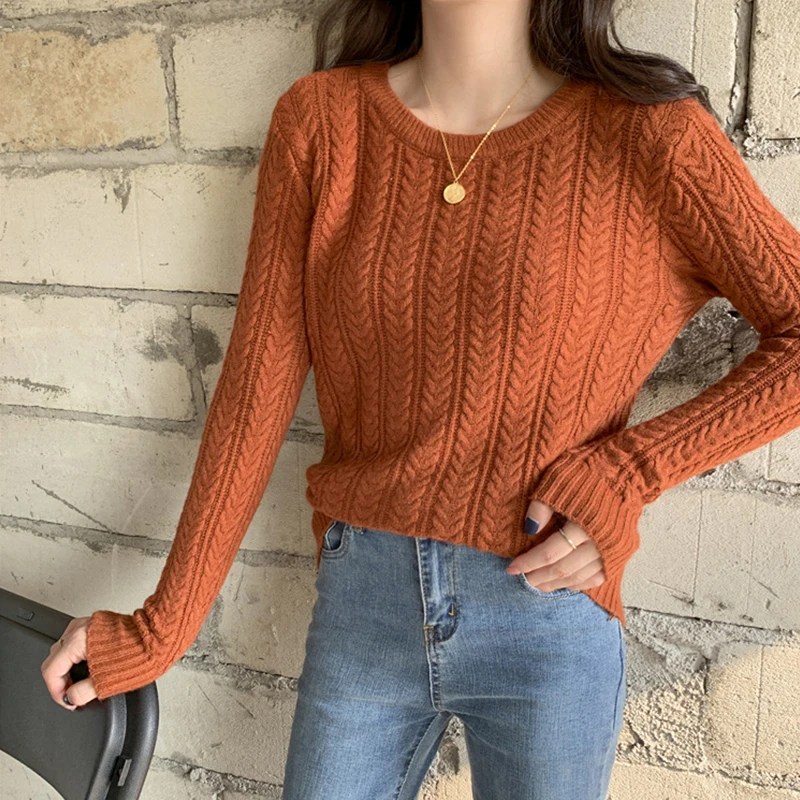 2021 new arrival woman tops fashionable crew neck long sleeve cable pullover vintage knit sweater