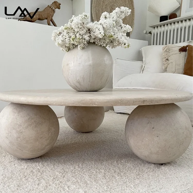 Nordic Designer Style Travertine Round Coffee Table Villa Living room Sphere Shape Leg Natural Stone Coffee Table
