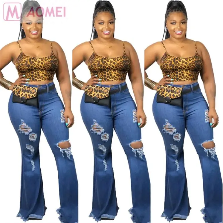 
S7019 casual fashion denim fabric washed ripped flared High Waist Women Jeans Pants 