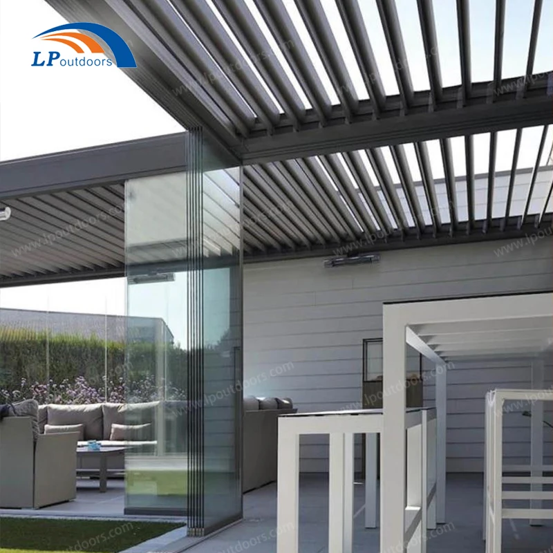White Aluminum Louvered Pergola Bioclimatic Outdoor Gazebo Tent Pavilion Motorized With LED Lights