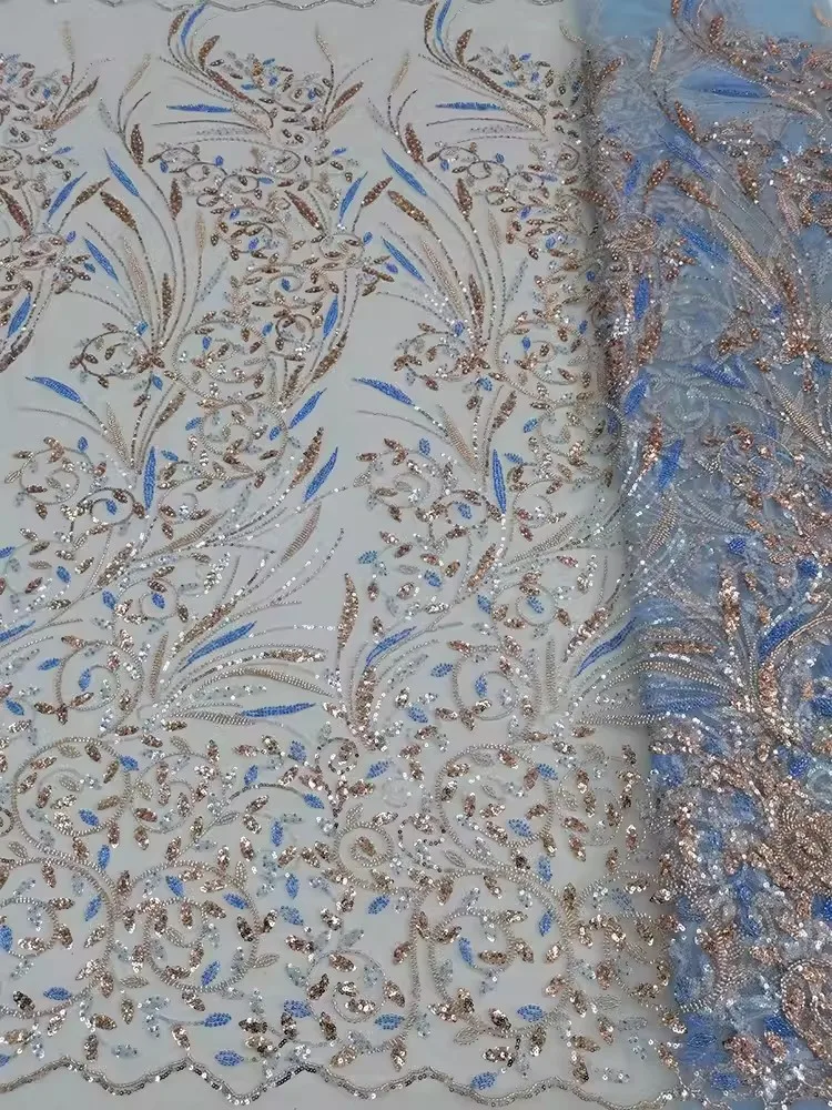 Width 125 cm Polyester Embroidered Tulle mesh fabric gold Sequins beads fabric for women fashion wedding bridal dress