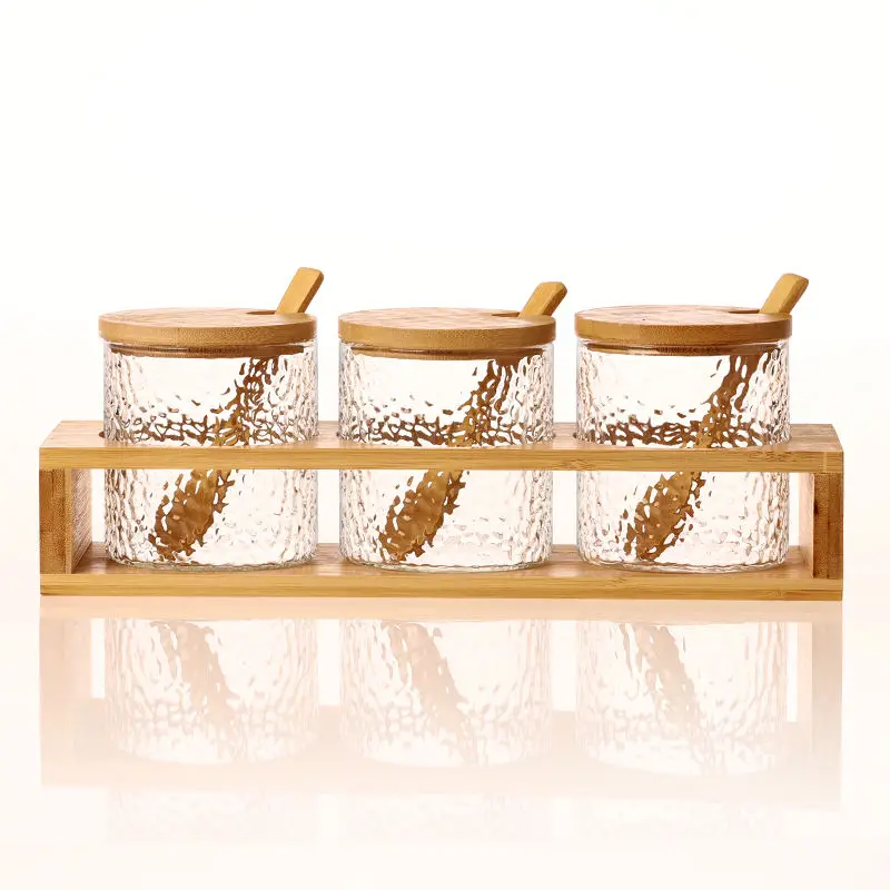 Wooden Container Storage Organizer Kitchen Glass Spice Jar Pepper Cruet Set With Bamboo Spoon Lid and Base