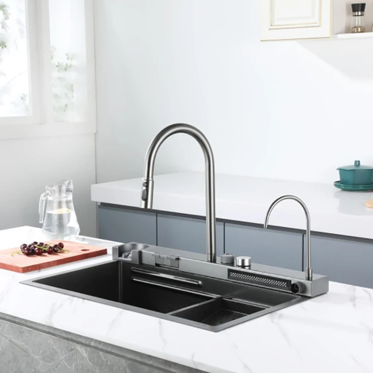 Stainless Steel Temperature Digital Display Pull Down Kitchen Faucet with Base Waterfall