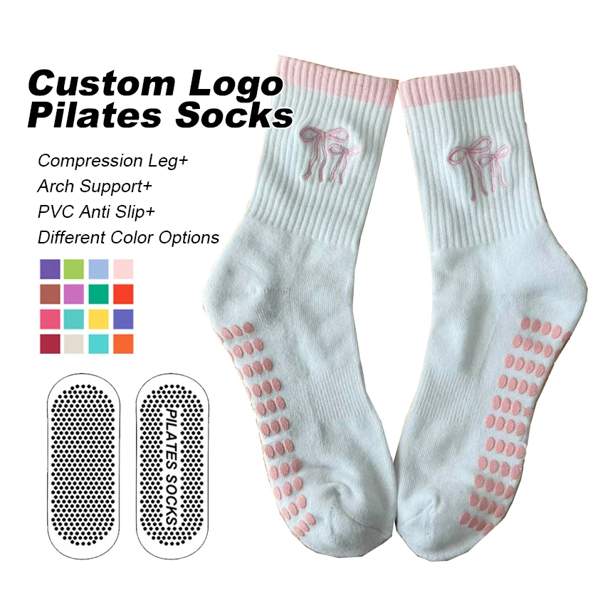 New Design Women Custom Logo Fashion Breathable Embroidered Custom Brand Anti Slip Custom Pilates Socks With Bows