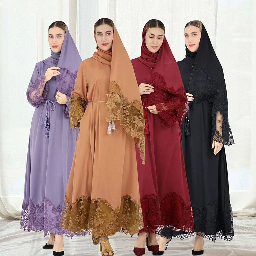 Wholesale Fashion Elegant Islamic Clothing Embroidery Lace Design Without Lining Dubai Muslim Women Abaya Designs Matching Hijab