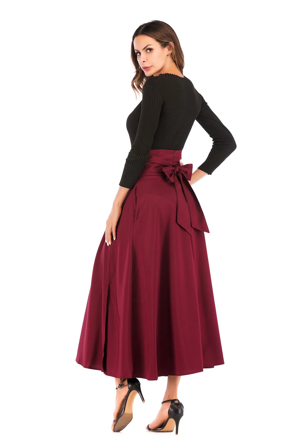 High Waist Pocket Skirts Womens Spring Split Side Fashion Long Pleated Skirt With Belt Casual Ladies Saia Longa Gray E8601