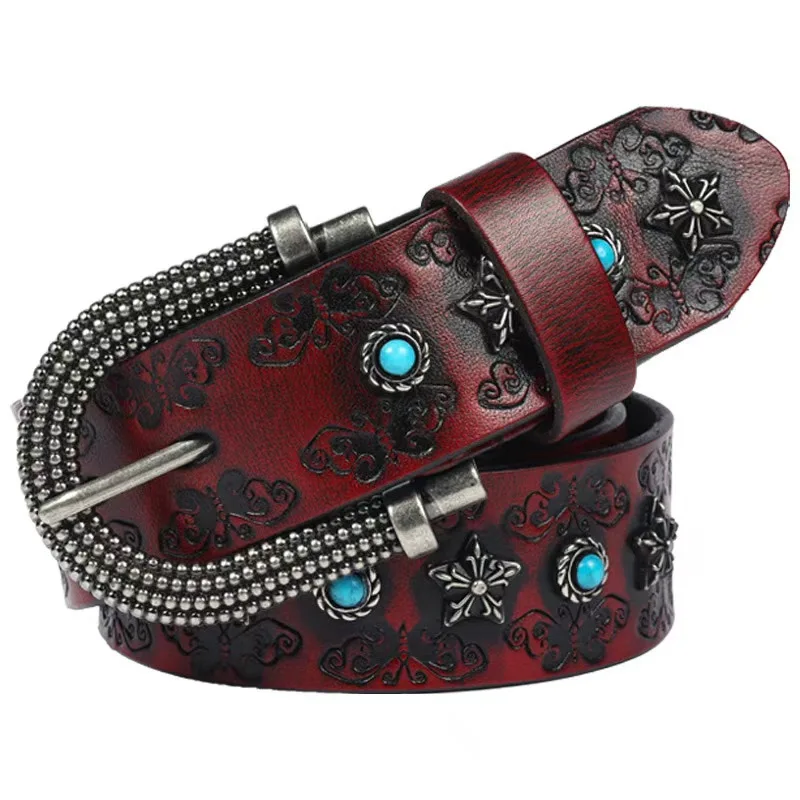 Vintage Embossed Rivet Belt Simulation Turquoise Inlaid High-grade Belt National Style Personality Decorated Red Belt