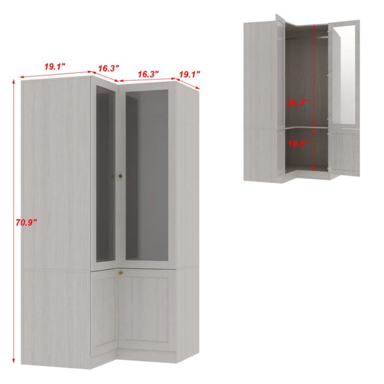 24 Years Bedroom Furniture Corner Wardrobe Cabinet, Modern Wood Grain Armoire Closet with Frosted Glass Doors