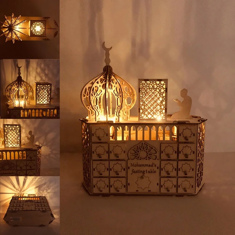 Happy Eid Mubarak Ramadan Home Room Table DIY Wooden Eid Muslim LED Lighting Decoration