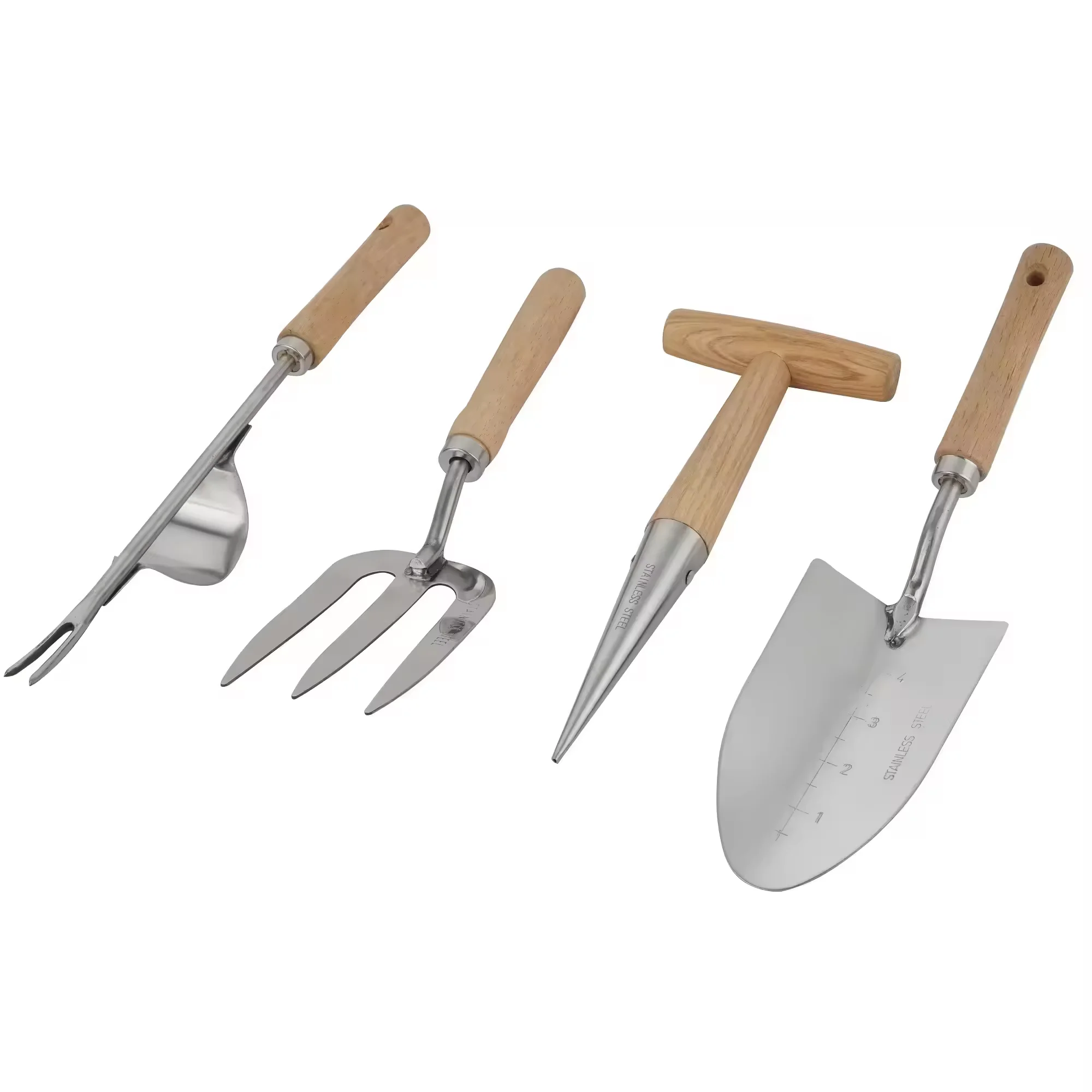 Eco Friendly Stainless Steel Polishing 5pcs Shovel Weeder Rake plant mini home wooden gardening garden tools hand tool set kit