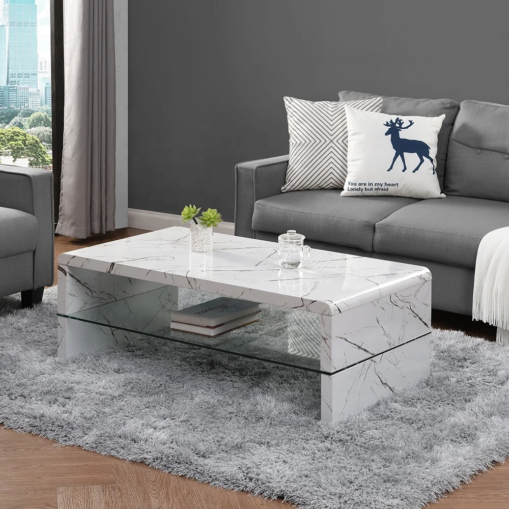 
Modern Furniture SoHo Coffee Table for Living Room Center Table Marble Effects with Tempered Glass Shelf 