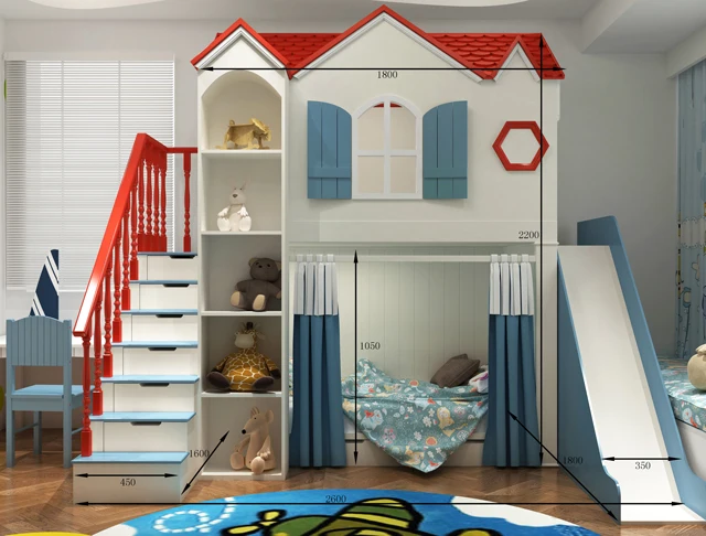 Customizable wooden children bed single bed solid wood cheap bunk bed with slide and ladder cabinets