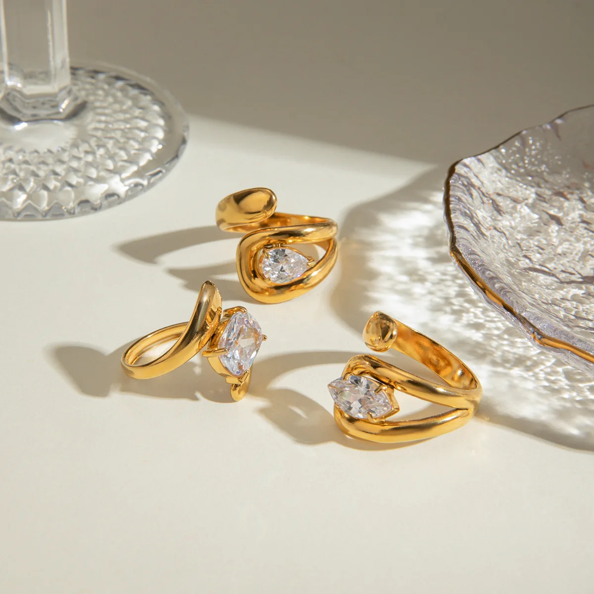 Luxury Jewelry 18K Gold Plated Stainless Steel Open Overlapping Water Drop Large Cubic Zirconia Ring