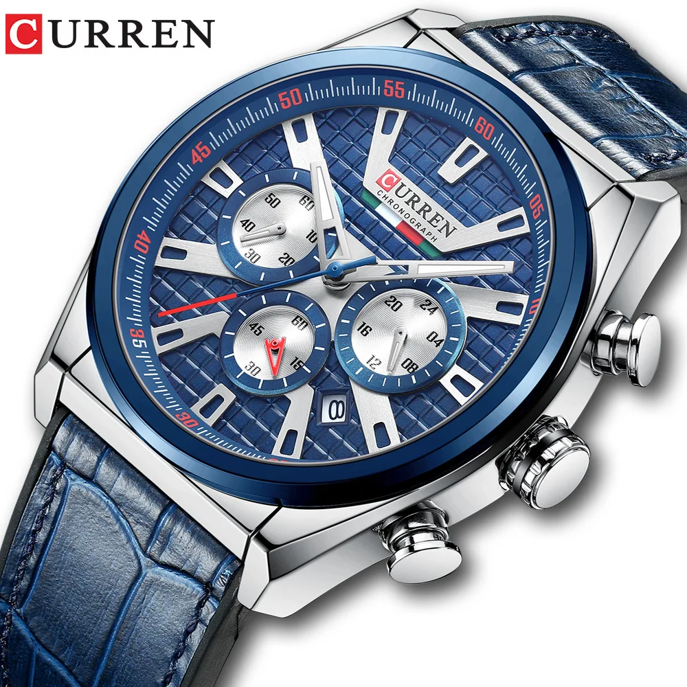 CURREN 8392 Men Casual Watch Date Chronograph 24 Hours Display Leather Strap Quartz Watch
