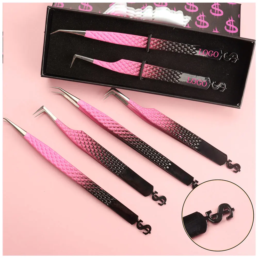 Gold Silver Tip Black Pink Green Grafted Innovative Fiber Tip Eyelash Tweezers Kit Pointed Curved Slanted Rounded Lash Tweezers